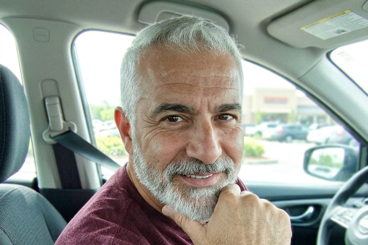 Homem de cabelo e barba grisalhos sorrindo dentro do carro